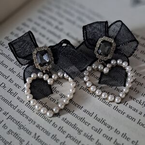 Pearl Heart Lace Bow Gem Earrings